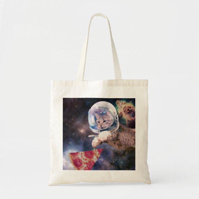 Tote Bag Chat d'astronaute chassant une tranche de pizza (Devant)