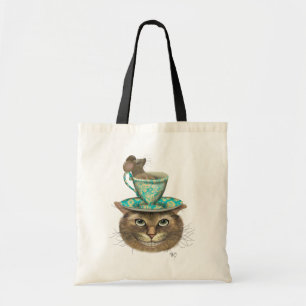 Tote Bag Chat de Cheshire avec la tasse sur la tête