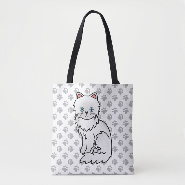 Tote Bag Chat de dessin animé mignon persan blanc & pattes (Devant)