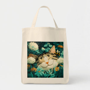 Tote Bag Chat de jardin fleuri à l'aquarelle abeille endorm