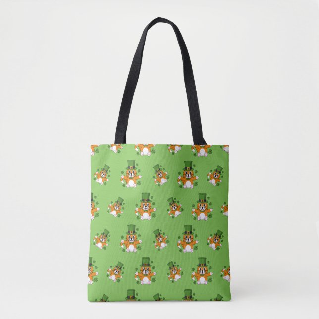 Tote Bag Chat de la Saint Patrick avec dessin Shamrock (Devant)