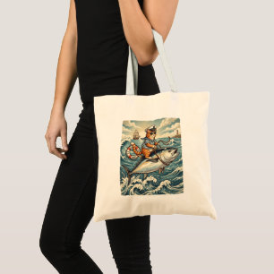 Tote Bag Chat de marin drôle chevauchant un poisson Thon Vi
