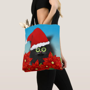 Tote Bag Chat de Noël à Santa Hat Amid Poinsettia