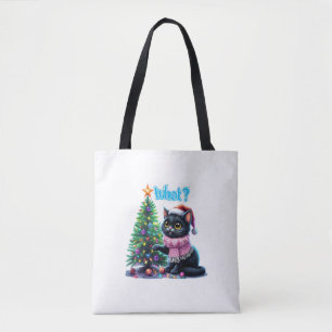 Tote Bag Chat de Noël amusant Avec Sticker Arbre