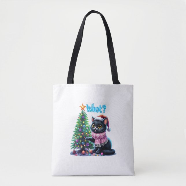 Tote Bag Chat de Noël amusant Avec Sticker Arbre (Devant)