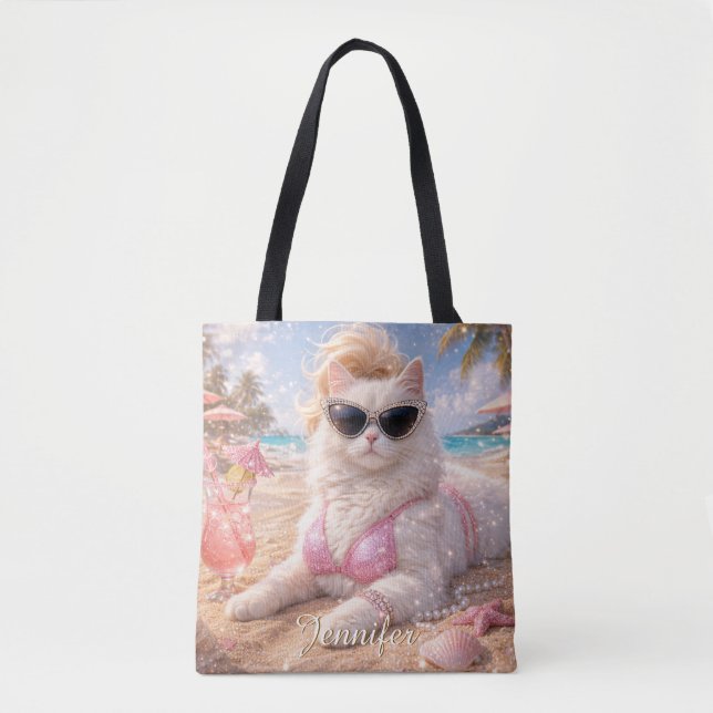 Tote Bag Chat de plage glamour avec lunettes de soleil  (Devant)