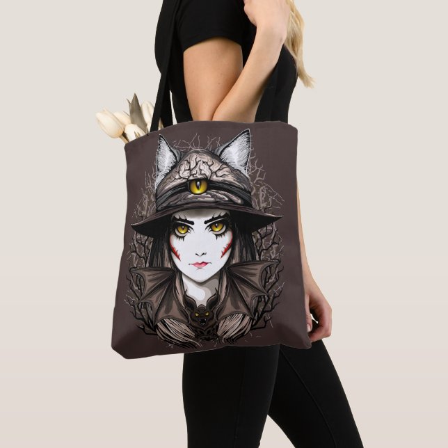 Tote Bag Chat de sorcière Halloween Déplaisant Portrait mig (De près)