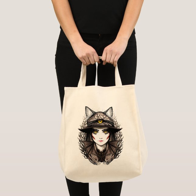 Tote Bag Chat de sorcière Halloween Déplaisant Portrait mig (Devant (produit))
