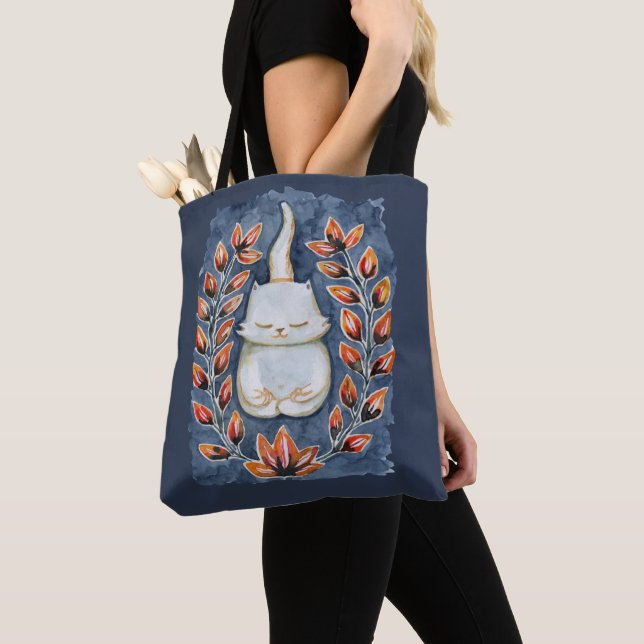 Tote Bag Chat de yoga sur Fourre-tout Bleu (De près)
