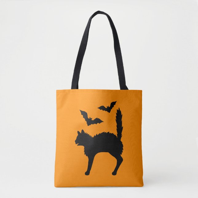 Tote Bag Chat d'Halloween effrayé et silhouette de chauves- (Devant)