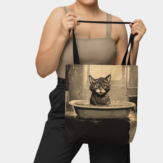 Tote Bag Chat drôle en colère dans la baignoire Noir Brown (Créateur téléchargé)