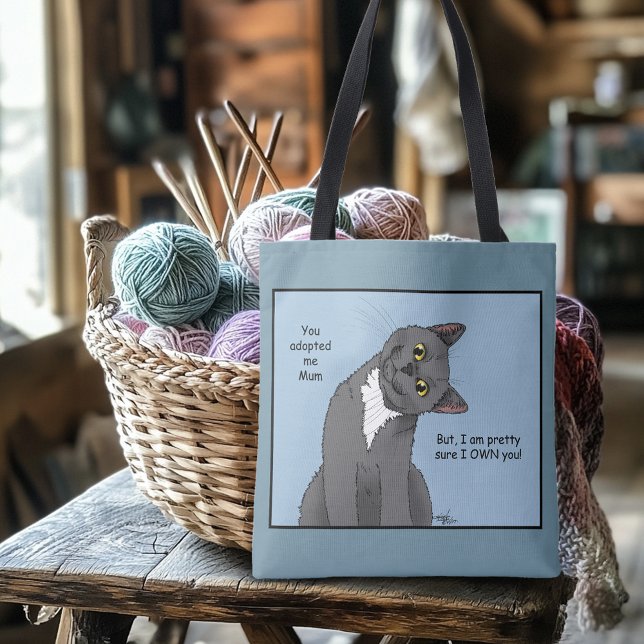 Tote Bag Chat drôle Fête des Mères Chat gris Bleu (Créateur téléchargé)