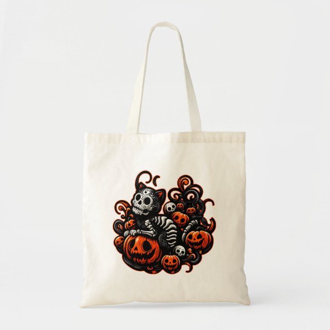 Tote Bag Chat éffrayant et Citrouille (Devant)