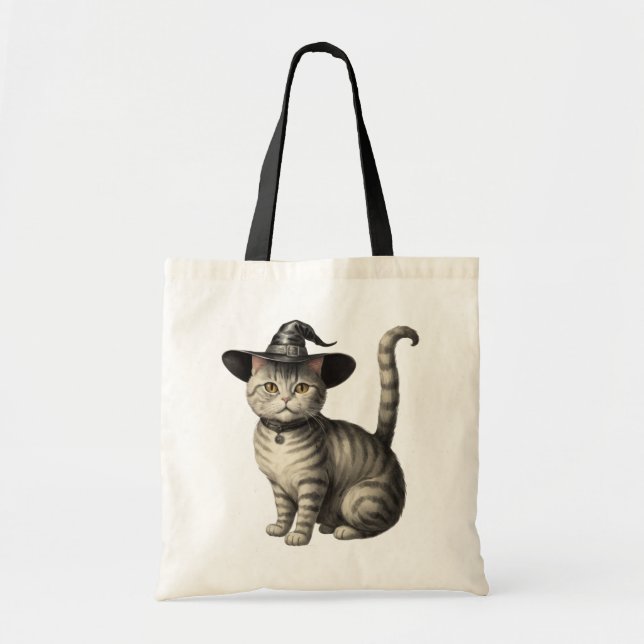Tote Bag Chat éffrayant portant la sorcière casquette Hallo (Devant)