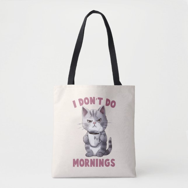 Tote Bag Chat en colère - Je ne fais pas les matins (Devant)