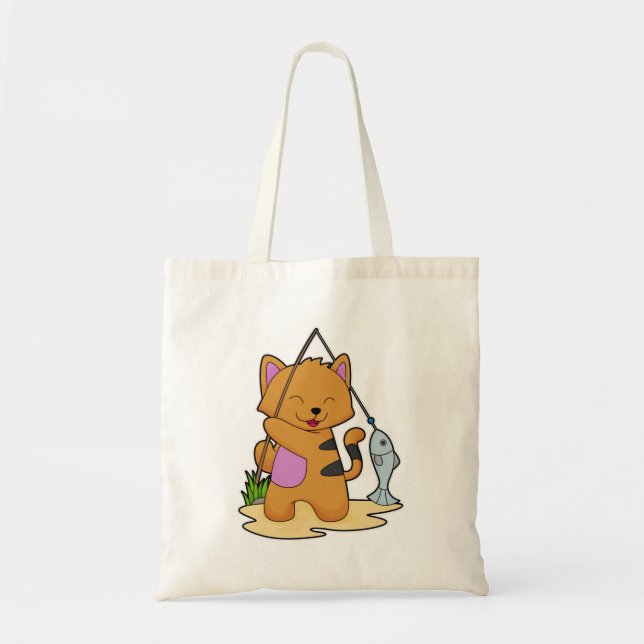 Tote Bag Chat en Fisher avec la baguette de pêche et le poi (Devant)