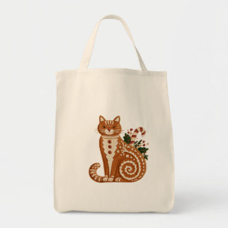 Tote Bag Chat en pain d'épices avec canne de bonbon et houx
