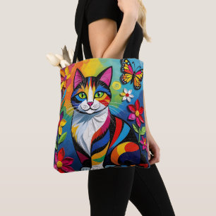 Tote Bag Chat en papier coloré, fleurs et papillons