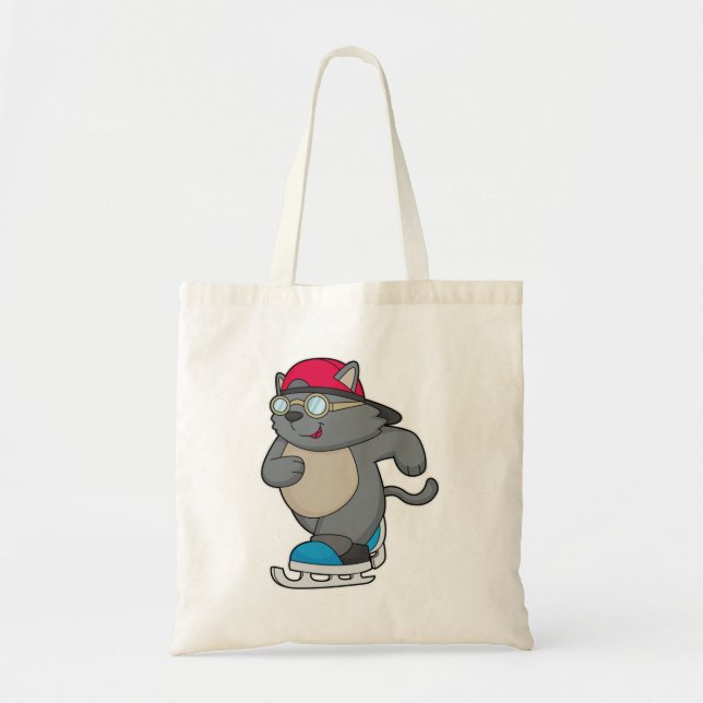 Tote Bag Chat en patinage sur glace avec patins sur glace (Devant)