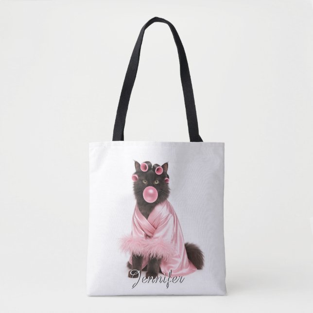 Tote Bag Chat en robe rose avec bigoudis et bubble-gum   (Devant)