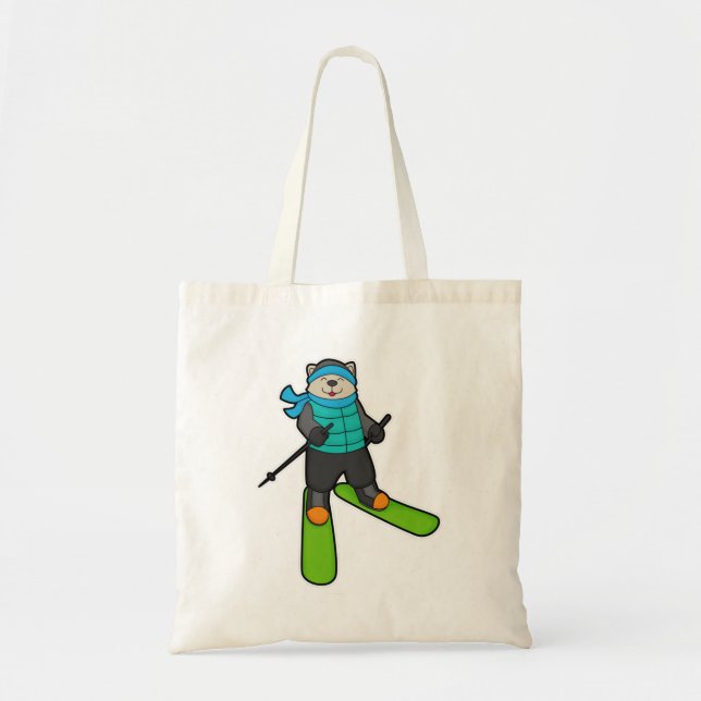 Tote Bag Chat en Skier avec Ski (Devant)