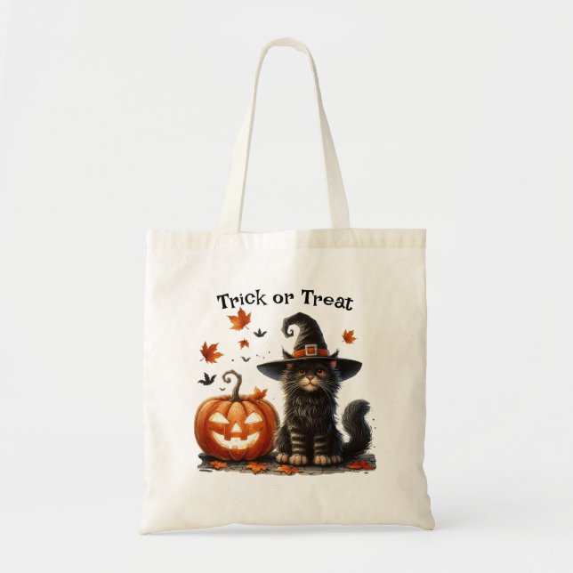 Tote Bag Chat en sorcier Casquette Halloween Trick ou Treat (Devant)