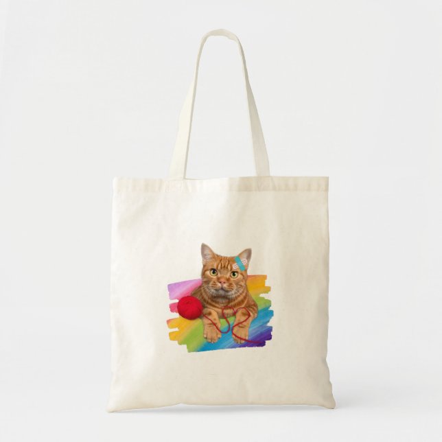 Tote Bag Chat endommagé sur l'arrière - plan arc-en-ciel (Devant)