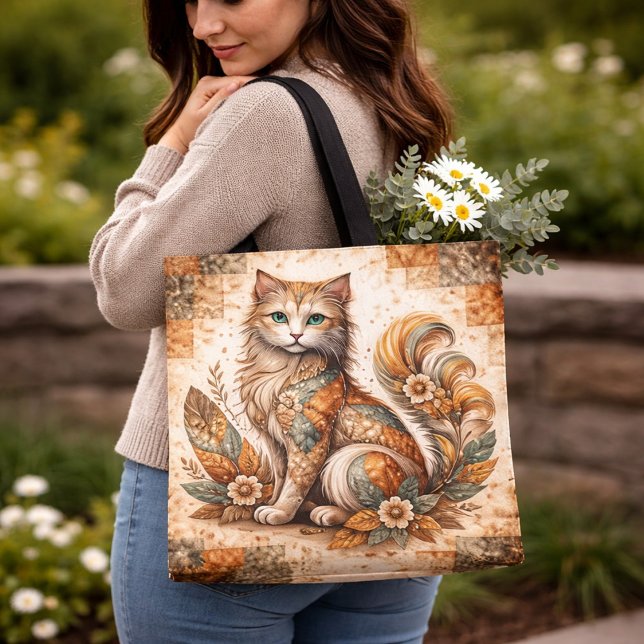 Tote Bag Chat Esprit, Art folklorique rustique patchwork bo (Créateur téléchargé)
