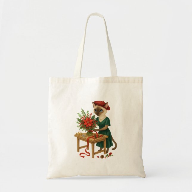 Tote Bag Chat fleuriste thème de Noël arranger des fleurs (Devant)