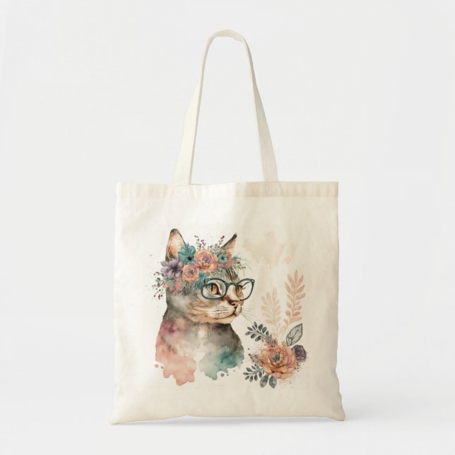 Tote Bag Chat floral amusant avec verre (Devant)