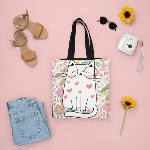 Tote Bag Chat floral amusant avec verre