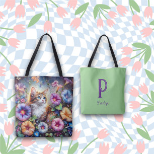 Tote Bag Chat floral coloré Monogramme personnalisé