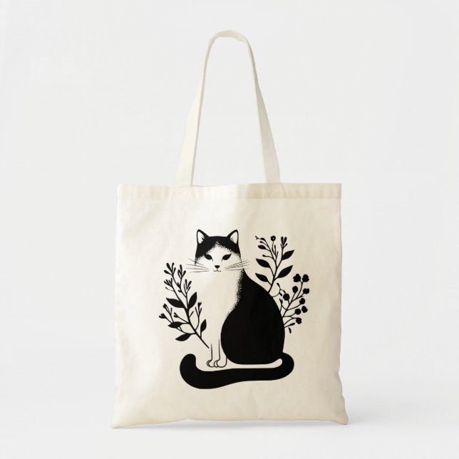 Tote Bag Chat floral noir et blanc (Devant)