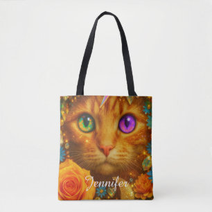 Tote Bag Chat floral rêveur aux yeux arc-en-ciel mystiques