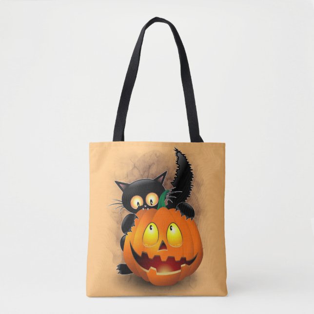 Tote Bag Chat Fun Halloween Caractère mordant un Citrouille (Devant)