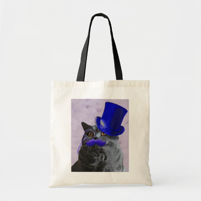 Tote Bag Chat gris avec chapeau bleu et moustache (Devant)