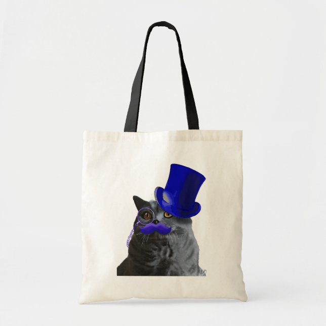 Tote Bag Chat gris avec chapeau bleu et moustache bleue (Devant)