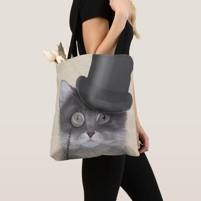 Tote Bag Chat gris avec chapeau supérieur (De près)