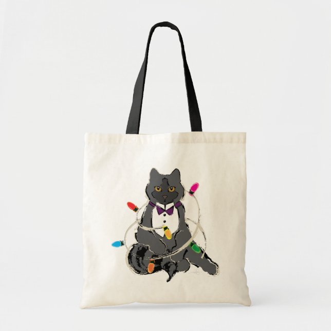 Tote Bag Chat Gris Enveloppé Dans Les Lumières De Noël (Devant)