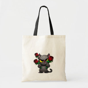 Tote Bag Chat gris noir malin tenant un Cool de Roses rouge