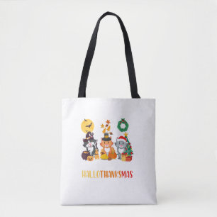 Tote Bag Chat Halloween Noël Joyeux Hallothanksmans Merci