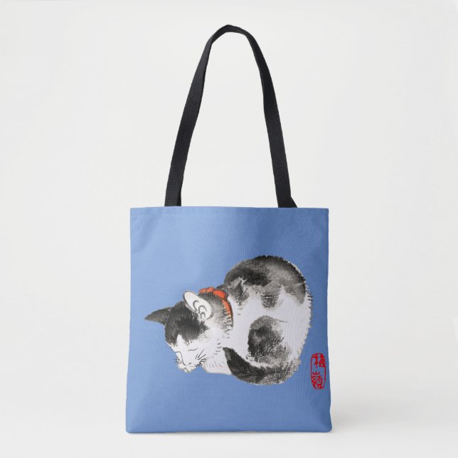 Tote Bag Chat japonais couché noir et blanc (Devant)