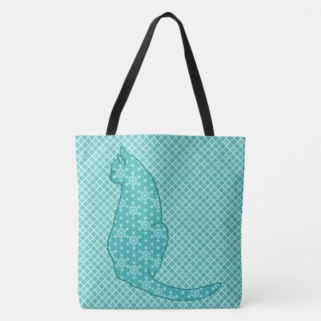 Tote Bag Chat japonais - Kimono turquoise (Devant)