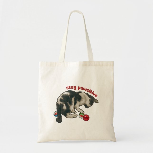 Tote Bag Chat Jouant avec des BILLES, Restez Pawsitifs, Jeu (Devant)