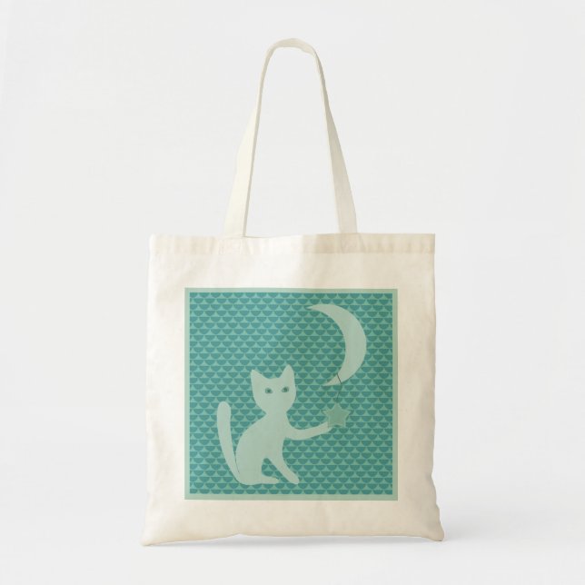 Tote Bag Chat Jouer avec la Lune et les étoiles Turquoise (Devant)