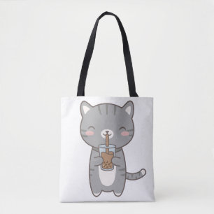 Tote Bag Chat Kawaii Gris Mignon Thé au Lait aux Perles de
