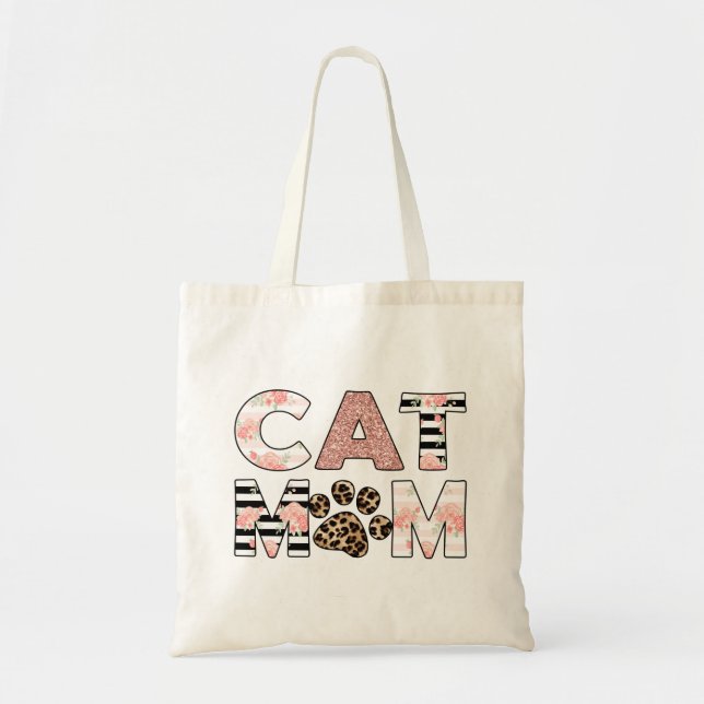 Tote Bag Chat Maman Rose Floral & Leopard Paw (Devant)