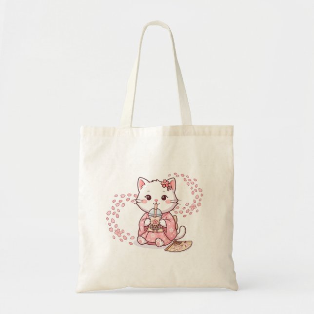 Tote Bag Chat Mignon Buvant du Thé à Bulles Sakura (Devant)