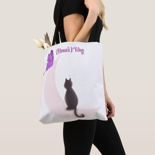 Tote Bag Chat Mignon Kawaii sur la Lune avec Papillon Perso (De près)