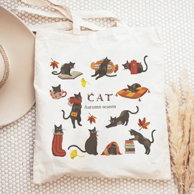 Tote Bag Chat mignonne Saison Automne Bonjour Automne (Créateur téléchargé)